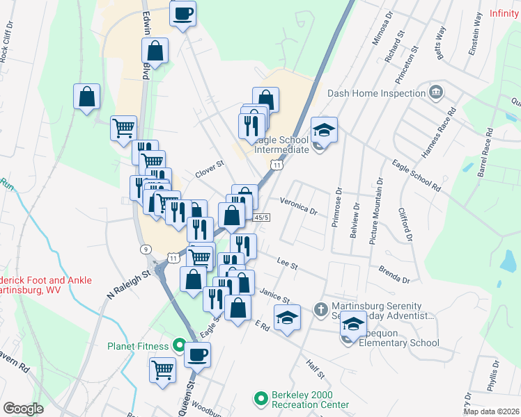 map of restaurants, bars, coffee shops, grocery stores, and more near 493 Eagle School Road in Martinsburg