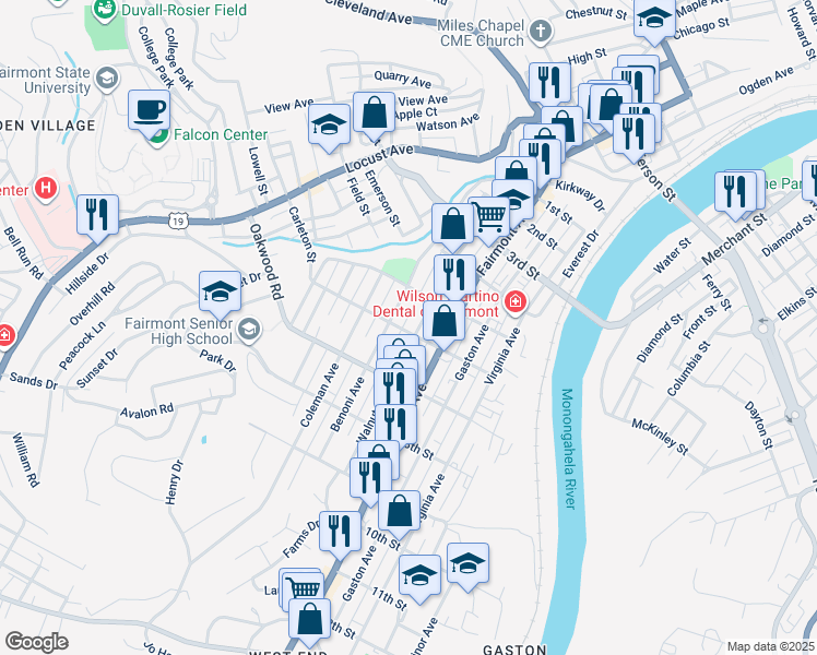 map of restaurants, bars, coffee shops, grocery stores, and more near 605 6th St in Fairmont