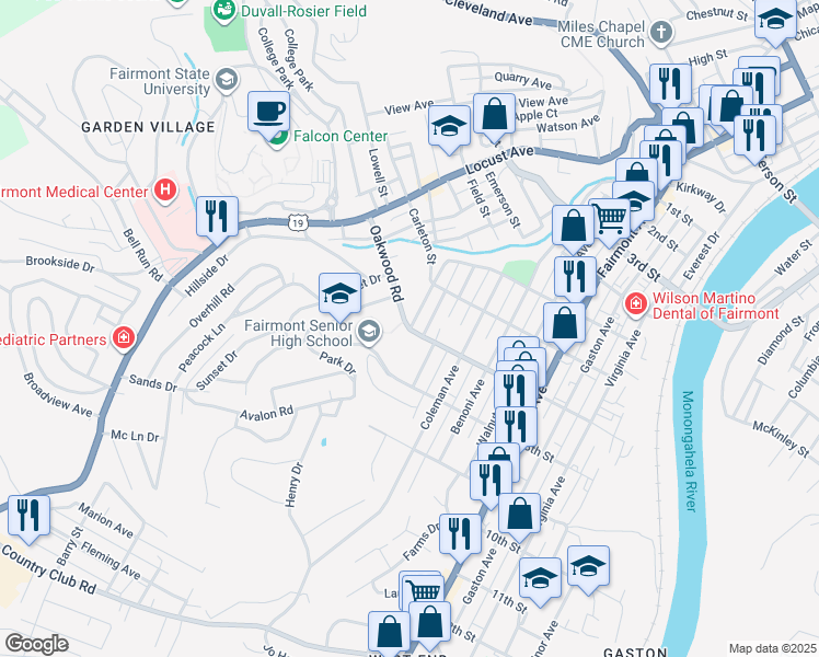 map of restaurants, bars, coffee shops, grocery stores, and more near 915 7th St in Fairmont