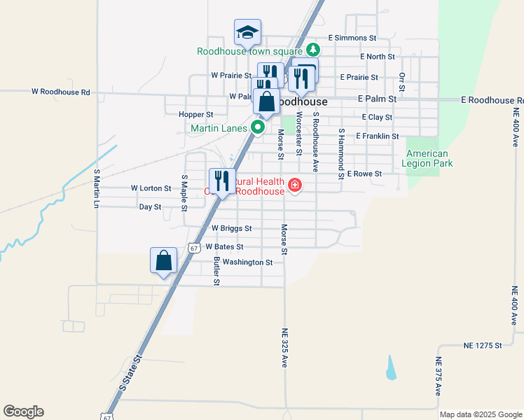 map of restaurants, bars, coffee shops, grocery stores, and more near 716 Thompson Street in Roodhouse