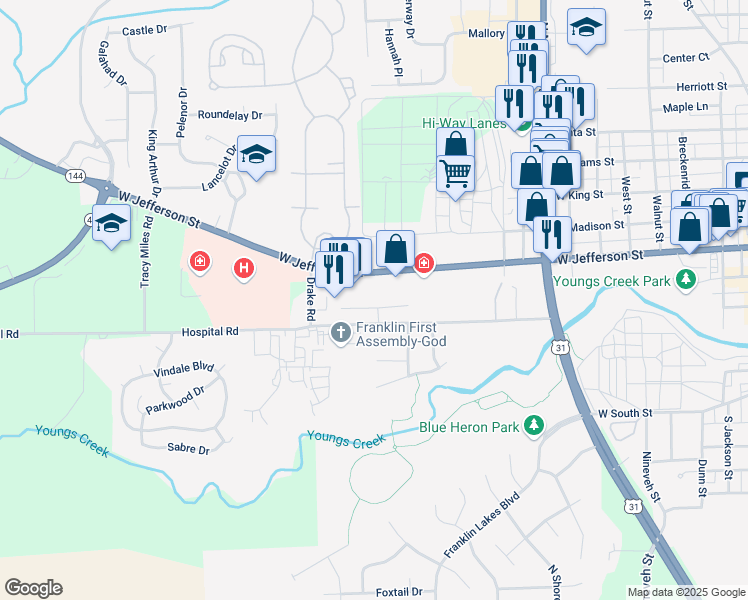 map of restaurants, bars, coffee shops, grocery stores, and more near 1051 Wild Ivy Trail in Franklin