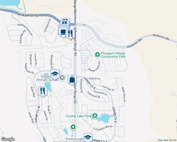 map of restaurants, bars, coffee shops, grocery stores, and more near 9857 Falcon Lane in Littleton