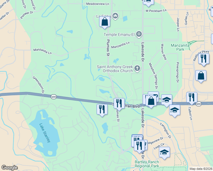 map of restaurants, bars, coffee shops, grocery stores, and more near 4831 Lakeridge Terrace West in Reno