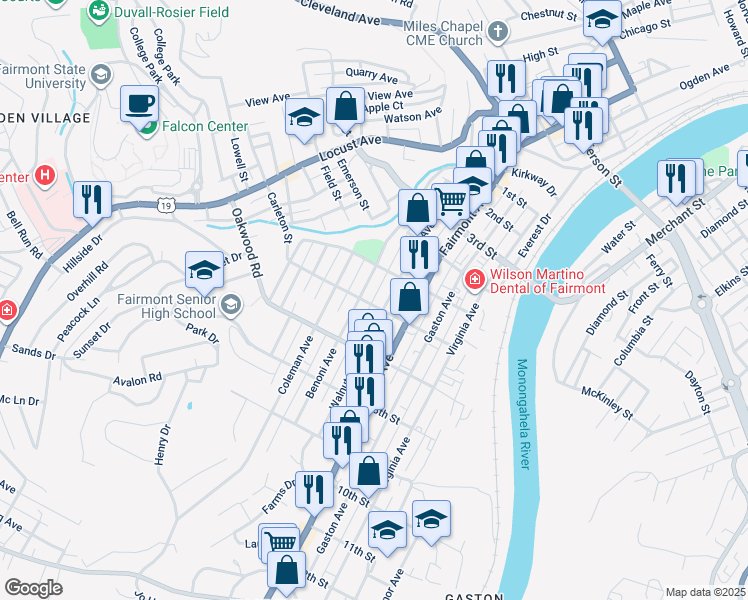 map of restaurants, bars, coffee shops, grocery stores, and more near 601-605 6th Street in Fairmont