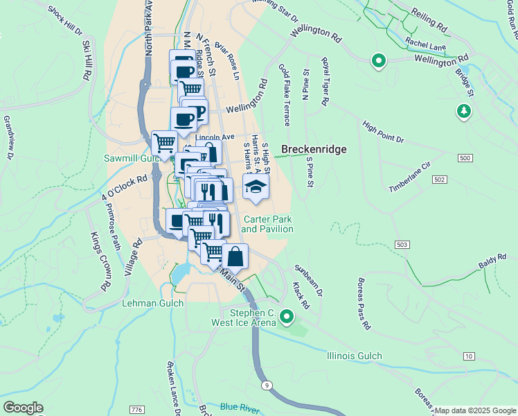map of restaurants, bars, coffee shops, grocery stores, and more near 312 South Harris Street in Breckenridge