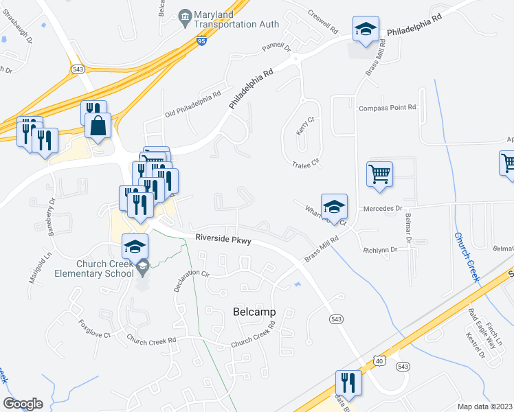 map of restaurants, bars, coffee shops, grocery stores, and more near 4327 Gilmer Court in Belcamp