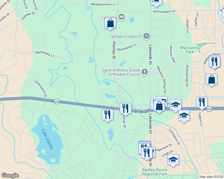 map of restaurants, bars, coffee shops, grocery stores, and more near 4831 Lakeridge Terrace West in Reno