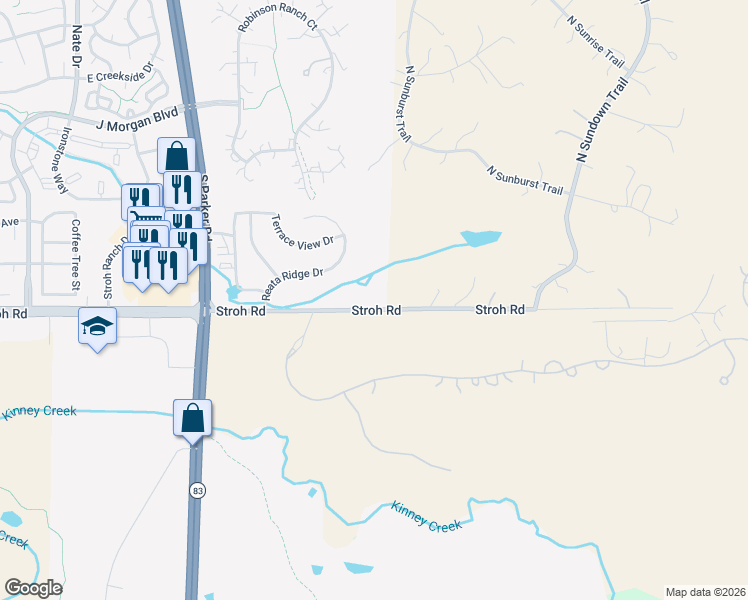 map of restaurants, bars, coffee shops, grocery stores, and more near 7289 Stroh Road in Parker