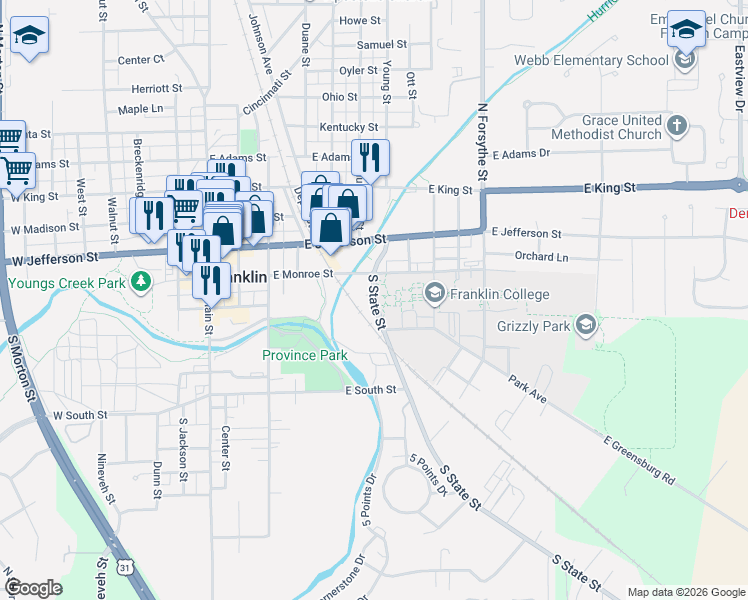 map of restaurants, bars, coffee shops, grocery stores, and more near 252 South State Street in Franklin