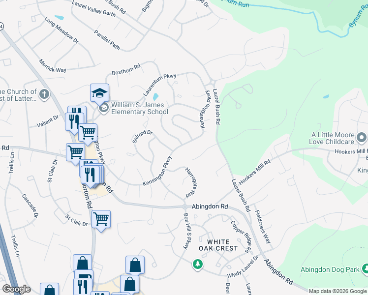 map of restaurants, bars, coffee shops, grocery stores, and more near 207 Kensington Parkway in Abingdon