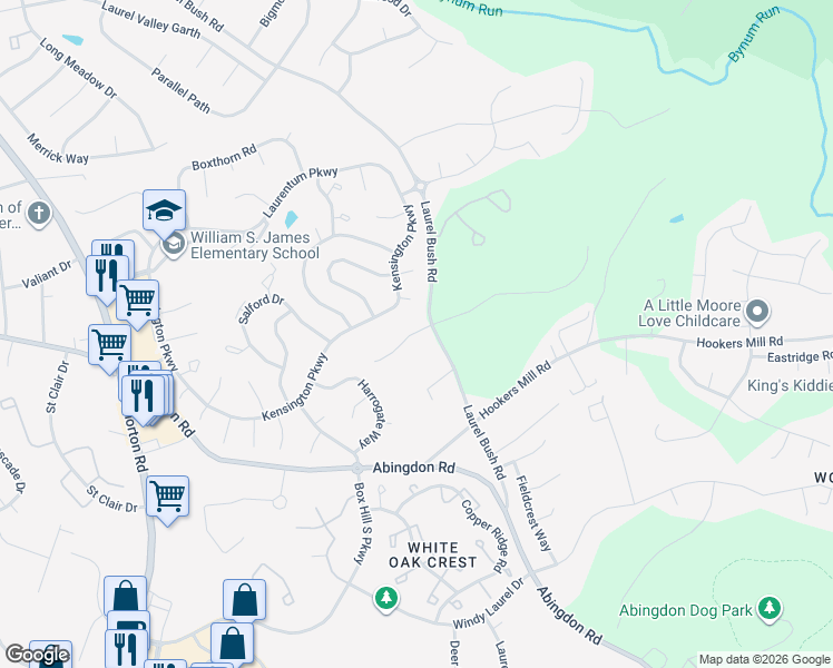 map of restaurants, bars, coffee shops, grocery stores, and more near 3008 Laurel Bush Road in Abingdon