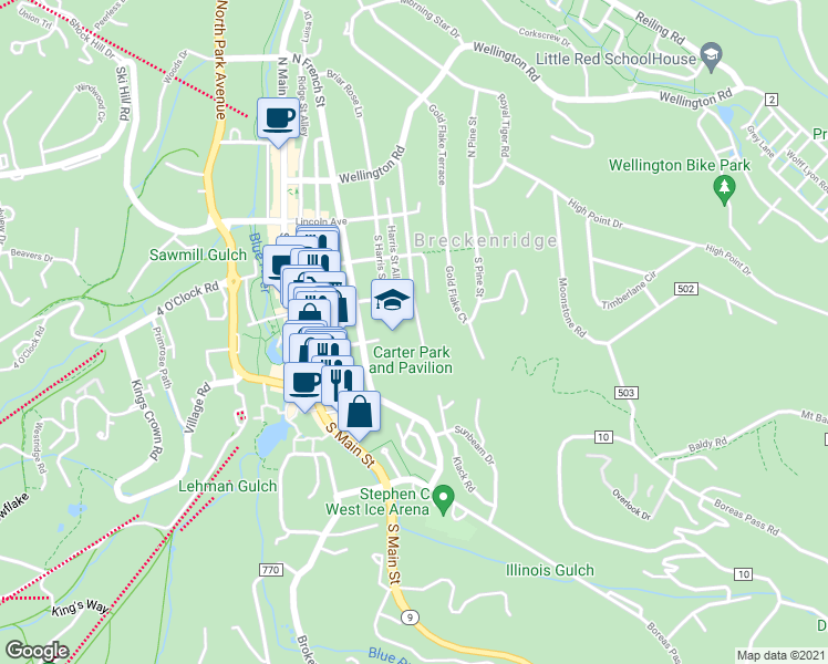 map of restaurants, bars, coffee shops, grocery stores, and more near 311 South High Street in Breckenridge