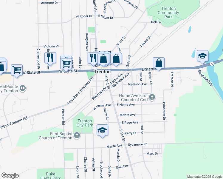 map of restaurants, bars, coffee shops, grocery stores, and more near 106 Ohio Avenue in Trenton