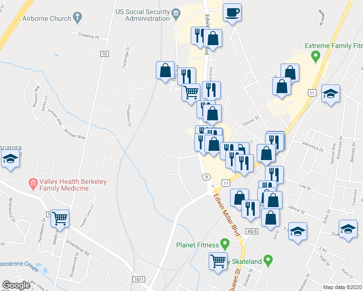 map of restaurants, bars, coffee shops, grocery stores, and more near 1302 Courthouse Drive in Martinsburg