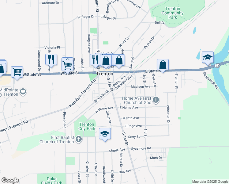 map of restaurants, bars, coffee shops, grocery stores, and more near 106 Ohio Avenue in Trenton