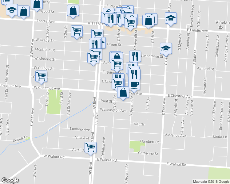 map of restaurants, bars, coffee shops, grocery stores, and more near 698 South 6th Street in Vineland
