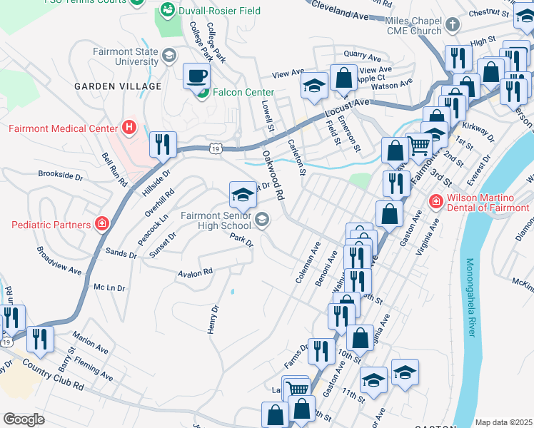 map of restaurants, bars, coffee shops, grocery stores, and more near Loop Park Drive in Fairmont