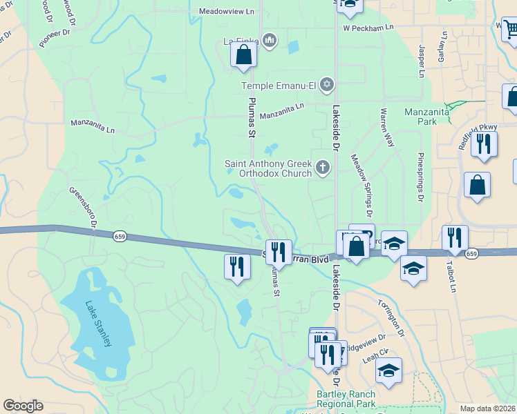 map of restaurants, bars, coffee shops, grocery stores, and more near 4903 East Lake Ridge Terrace in Reno