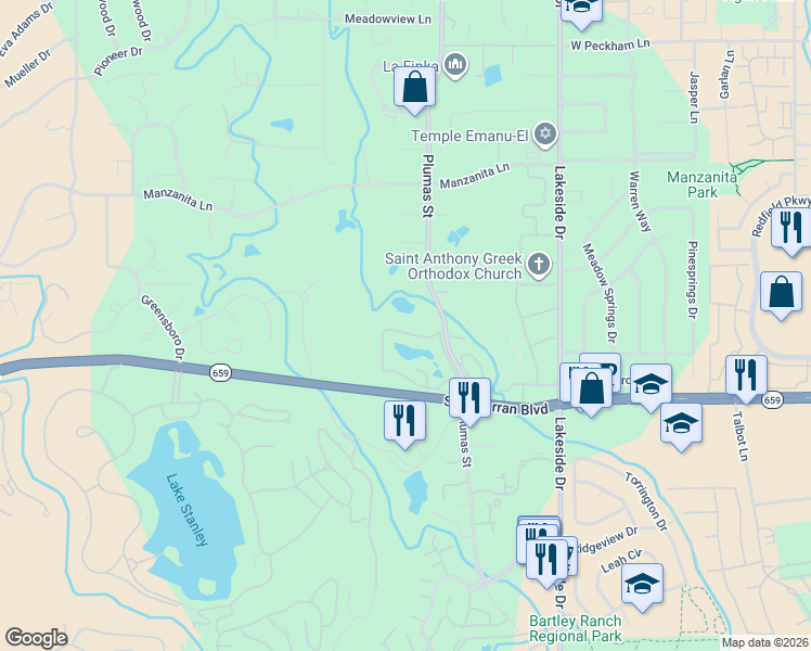 map of restaurants, bars, coffee shops, grocery stores, and more near 4831 Lakeridge Terrace West in Reno