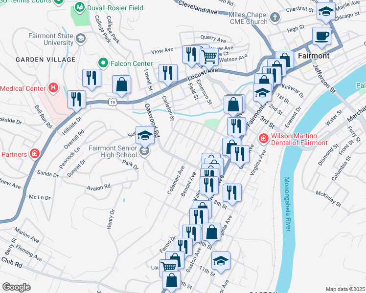 map of restaurants, bars, coffee shops, grocery stores, and more near 615 Coleman Avenue in Fairmont