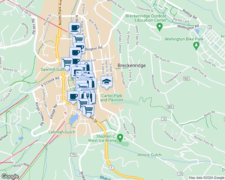map of restaurants, bars, coffee shops, grocery stores, and more near 311 South High Street in Breckenridge