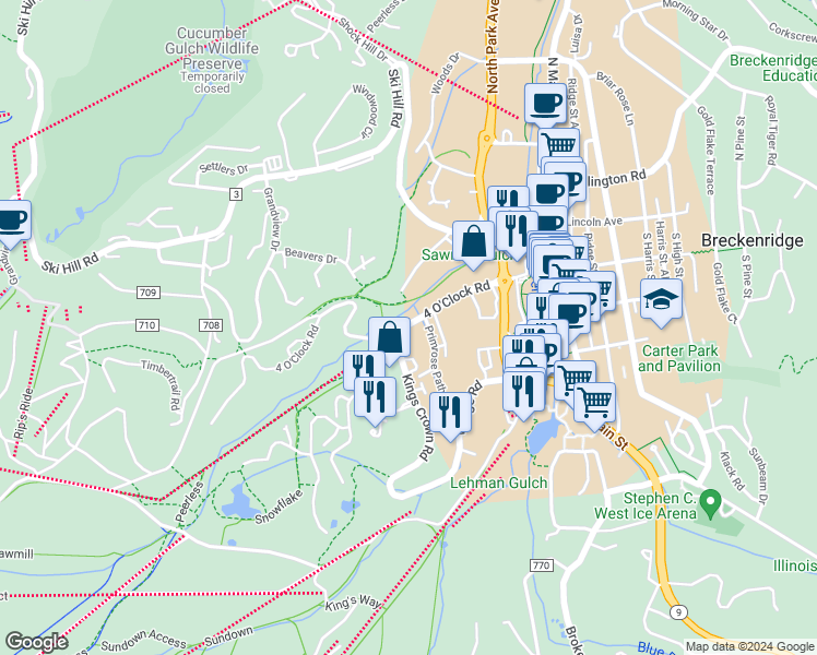 map of restaurants, bars, coffee shops, grocery stores, and more near 575 4 O Clock Road in Dillon