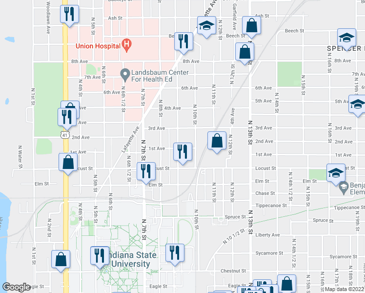 map of restaurants, bars, coffee shops, grocery stores, and more near 933 North 9th Street in Terre Haute