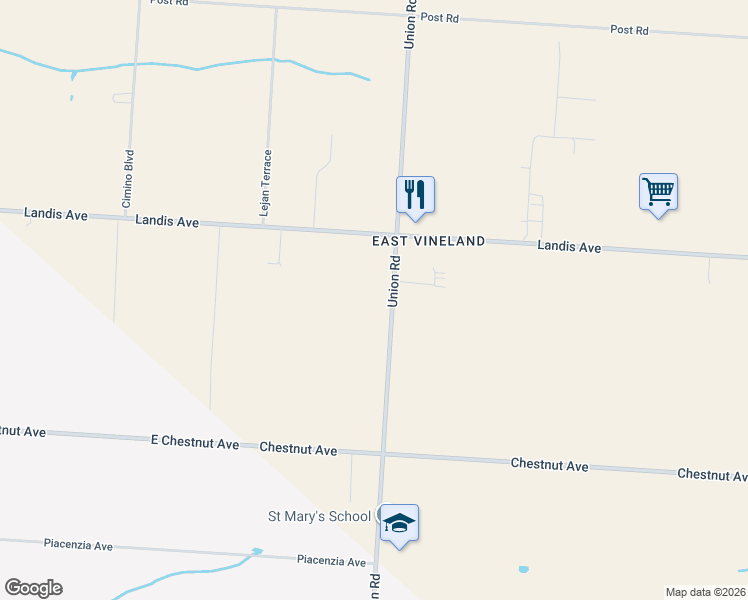 map of restaurants, bars, coffee shops, grocery stores, and more near 614b Union Road in Vineland