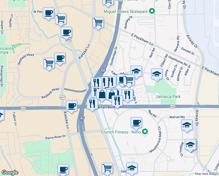 map of restaurants, bars, coffee shops, grocery stores, and more near 780 Smithridge Drive in Reno