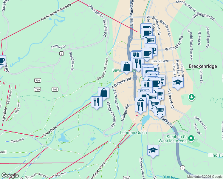 map of restaurants, bars, coffee shops, grocery stores, and more near 575 4 O Clock Road in Dillon