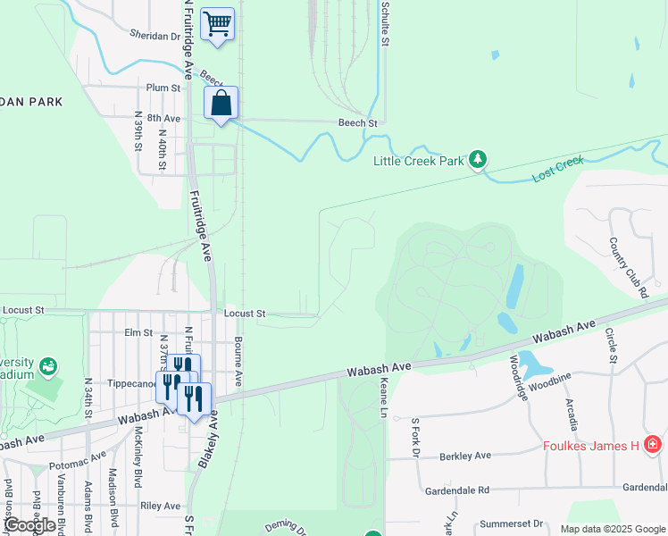 map of restaurants, bars, coffee shops, grocery stores, and more near 100 North Brown Avenue in Terre Haute