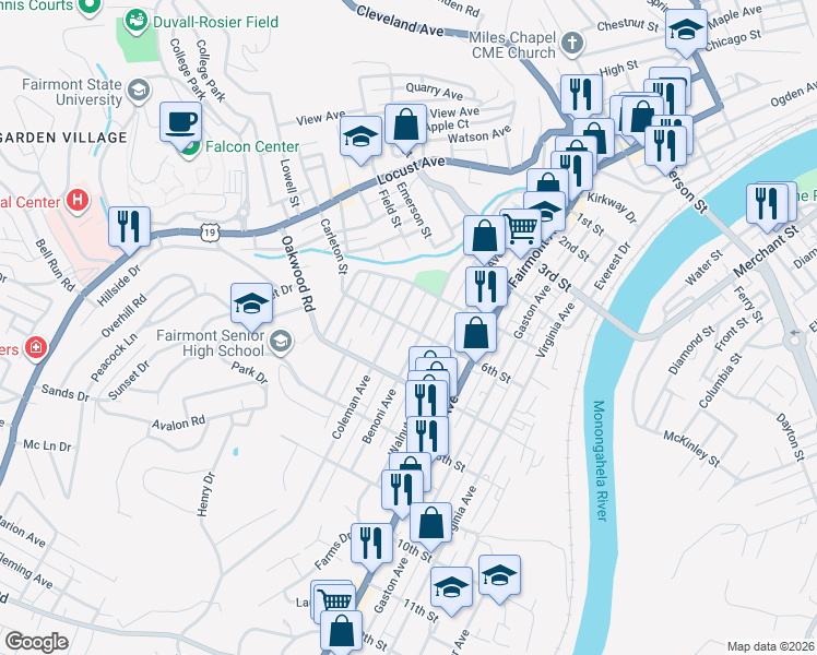 map of restaurants, bars, coffee shops, grocery stores, and more near 6th Street in Fairmont