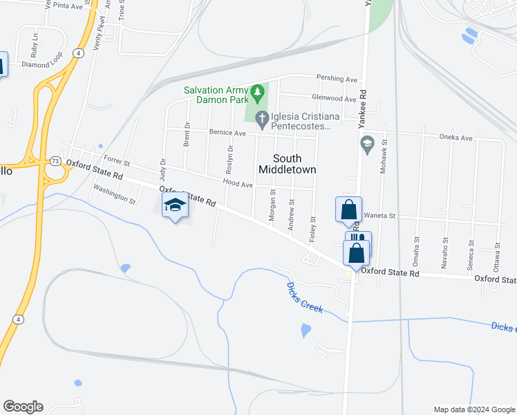 map of restaurants, bars, coffee shops, grocery stores, and more near 3213 Rufus Street in Middletown