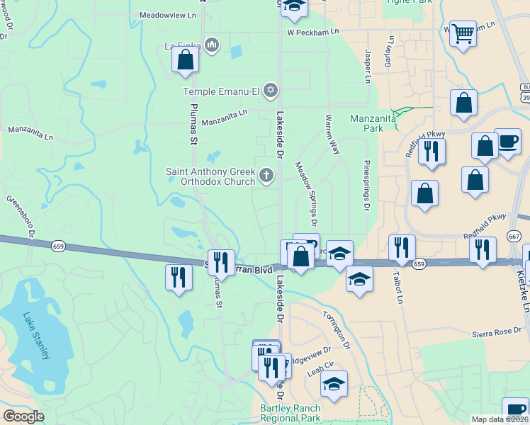 map of restaurants, bars, coffee shops, grocery stores, and more near 1955 South Villa Way in Reno