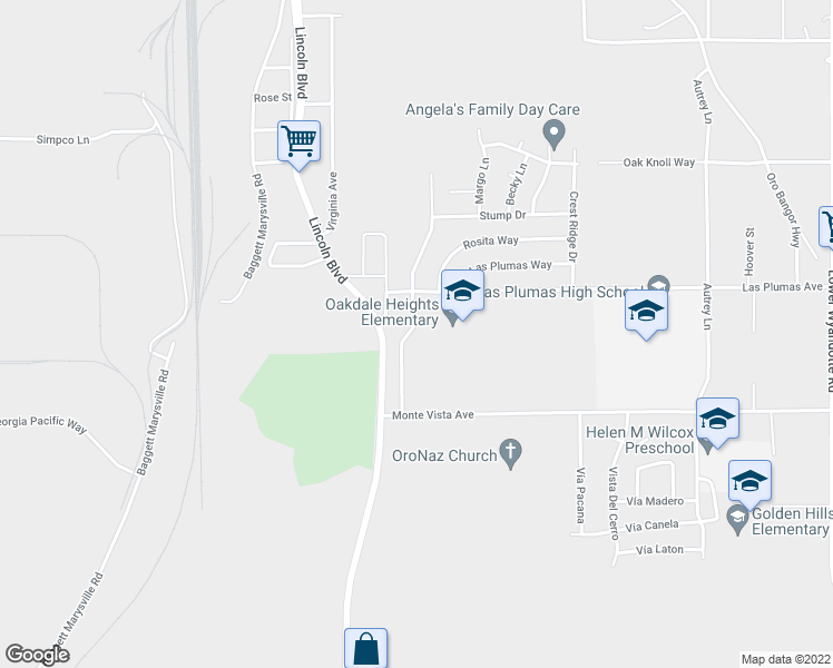 map of restaurants, bars, coffee shops, grocery stores, and more near 5525 Farley Street in Oroville