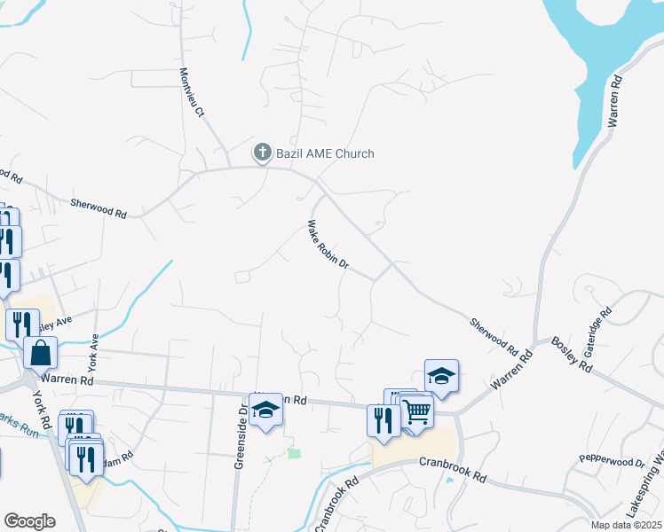 map of restaurants, bars, coffee shops, grocery stores, and more near 419 Wake Robin Drive in Cockeysville