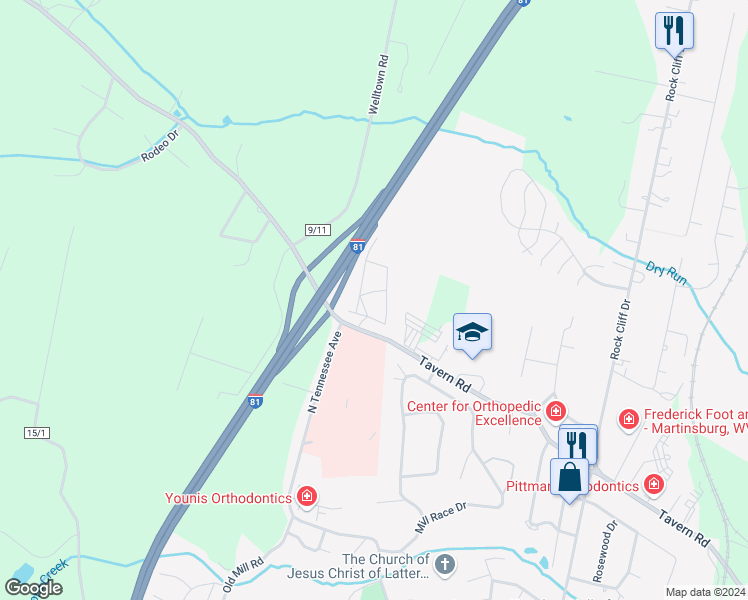 map of restaurants, bars, coffee shops, grocery stores, and more near 2051 Harris Way in Martinsburg