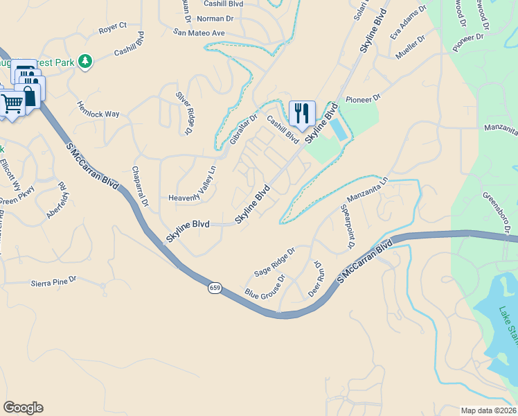 map of restaurants, bars, coffee shops, grocery stores, and more near 3688 Salerno Drive in Reno