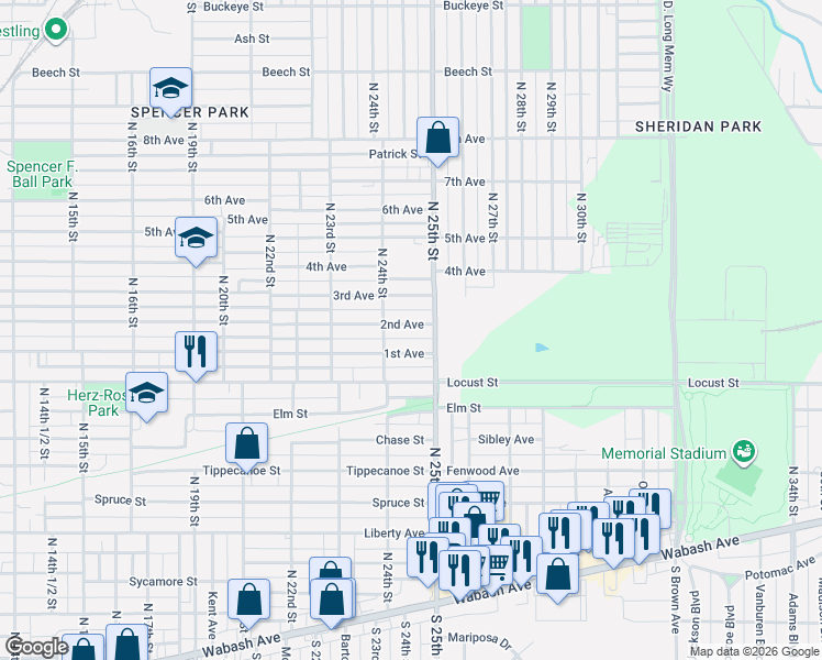 map of restaurants, bars, coffee shops, grocery stores, and more near 2442 1st Avenue in Terre Haute