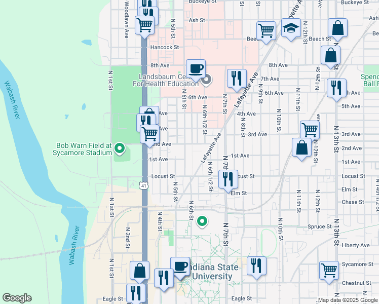 map of restaurants, bars, coffee shops, grocery stores, and more near 600-622 Lafayette Avenue in Terre Haute