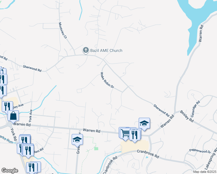 map of restaurants, bars, coffee shops, grocery stores, and more near 419 Wake Robin Drive in Cockeysville