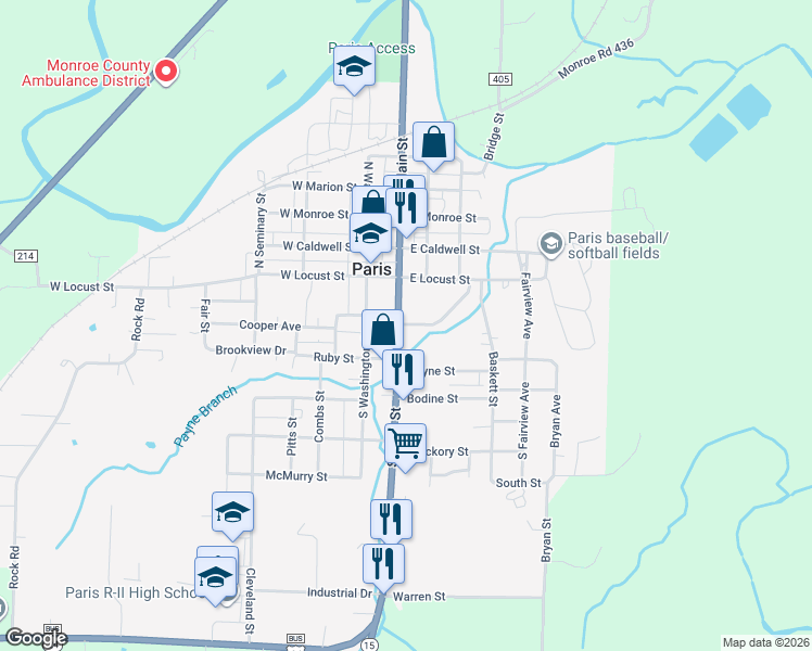 map of restaurants, bars, coffee shops, grocery stores, and more near 166 South Main Street in Paris