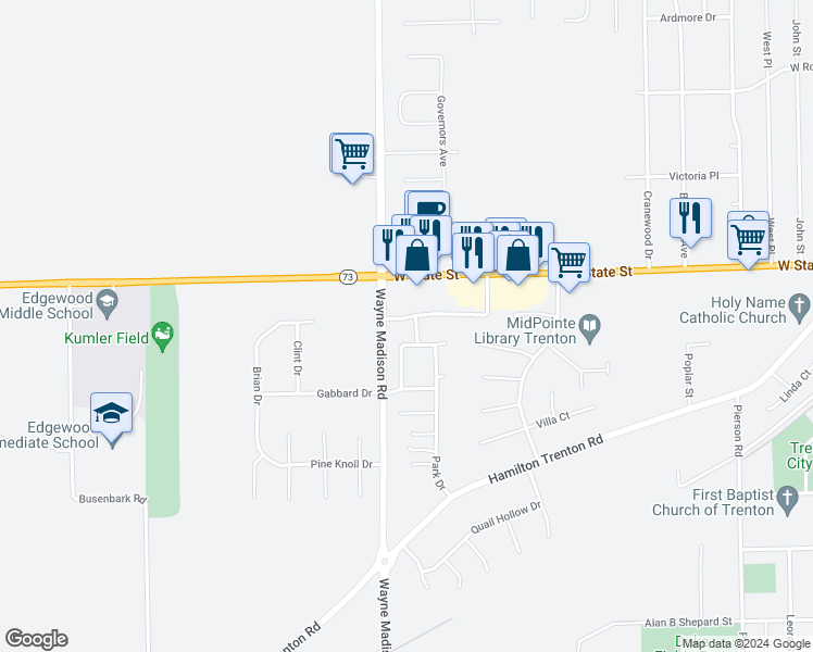 map of restaurants, bars, coffee shops, grocery stores, and more near 977 Hathaway Drive in Trenton