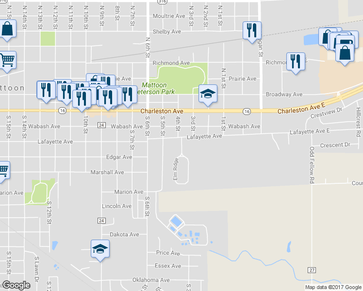 map of restaurants, bars, coffee shops, grocery stores, and more near 35 Elm Ridge in Mattoon