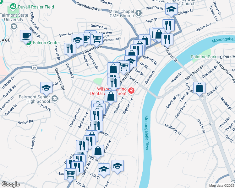 map of restaurants, bars, coffee shops, grocery stores, and more near 430 Fairmont Avenue in Fairmont