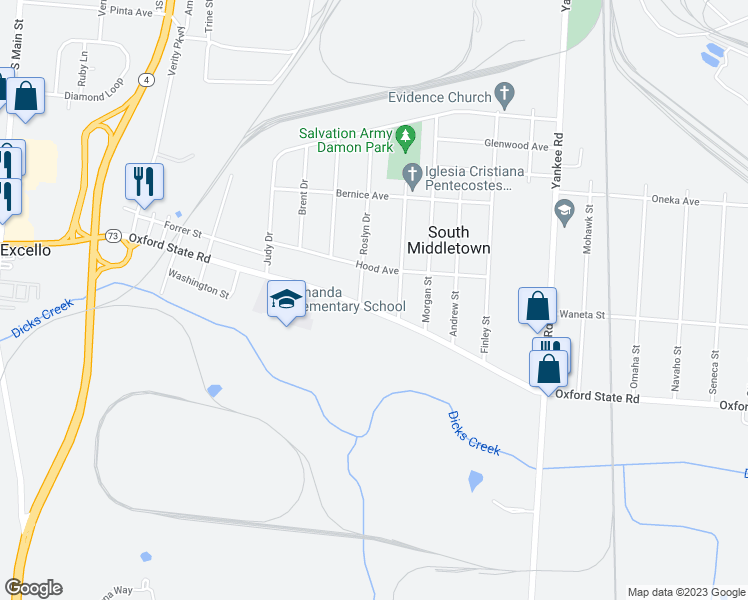 map of restaurants, bars, coffee shops, grocery stores, and more near 1419 Oxford State Road in Middletown