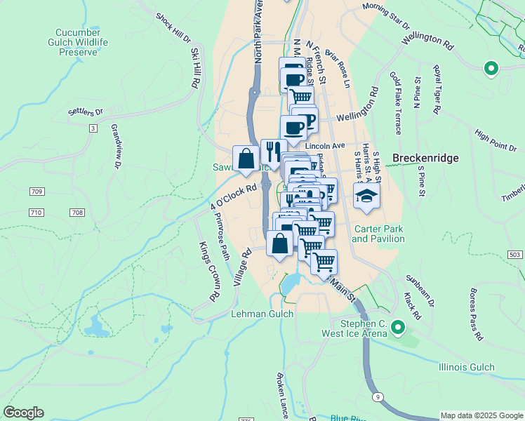 map of restaurants, bars, coffee shops, grocery stores, and more near 315 South Park Avenue in Breckenridge