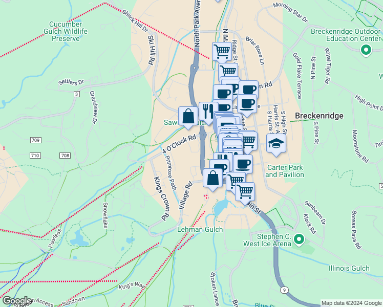 map of restaurants, bars, coffee shops, grocery stores, and more near 325 4 O Clock Road in Breckenridge