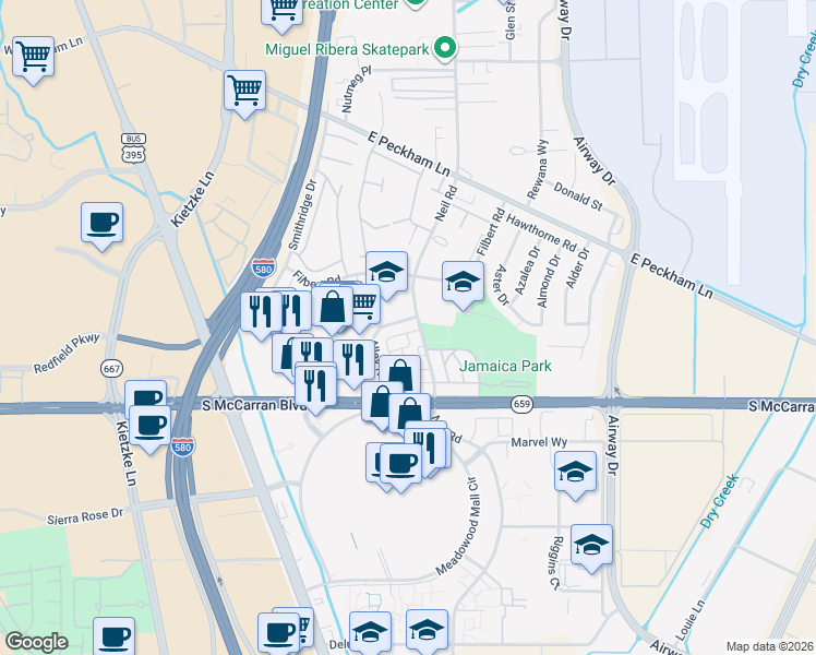 map of restaurants, bars, coffee shops, grocery stores, and more near 4911 Catalina Drive in Reno