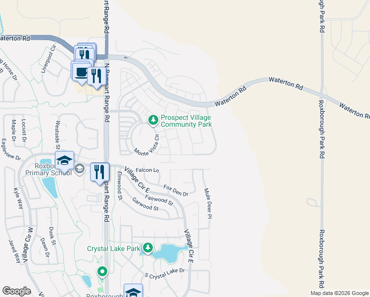 map of restaurants, bars, coffee shops, grocery stores, and more near 9617 Bighorn Way in Littleton